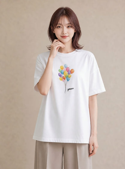 グラフィックTシャツ レディース 紙風船 和紙 ナチュラル アンティーク イラスト ユニーク 敬老の日 ホワイトデー 白T YMAZO
