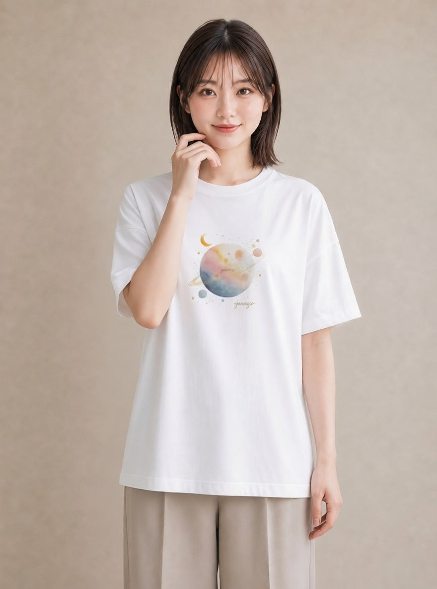 プリントTシャツ レディース 太陽 星空 宇宙 イラスト 水彩風 クリスマス 旅行 白T YMAZO