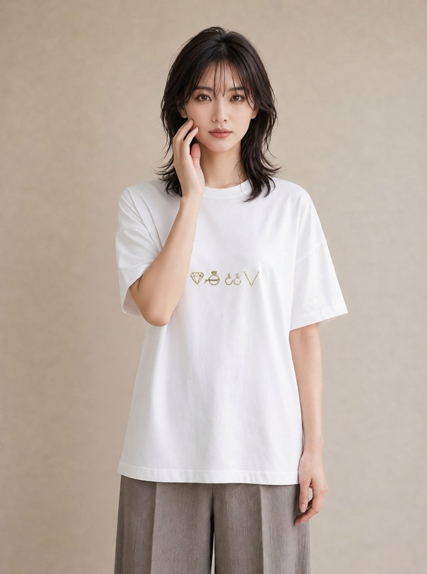 Tシャツ レディース パールピアス アクセサリー ナチュラル アンティーク イラスト アート風 誕生日プレゼント 綿100 白T YMAZO
