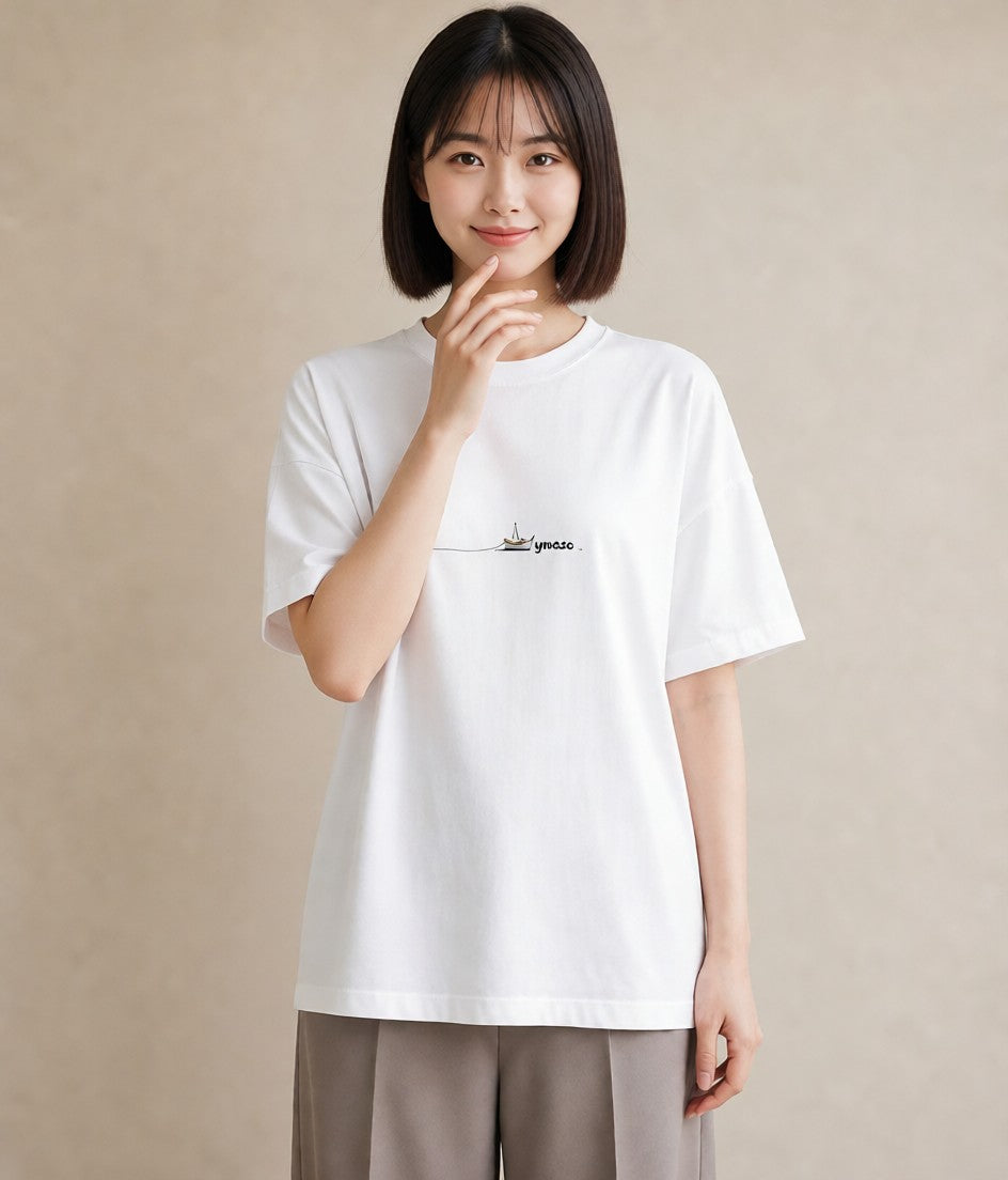 半袖Tシャツ レディース 紙の船 水辺 ナチュラル アンティーク イラスト ガーリー 誕生日プレゼント 綿100 白T YMAZO