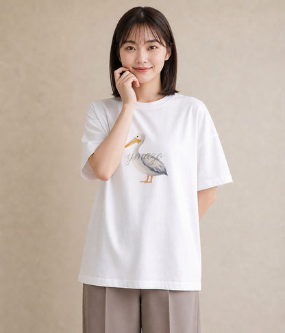 グラフィックTシャツ レディース ハクチョウ 動物 アニマル イラスト ヴィンテージ風 綿100 デート 白T YMAZO