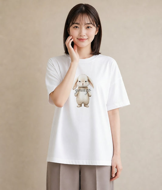 半袖Tシャツ レディース ライオンラビット ペット 動物 イラスト ヴィンテージ風 ミセス 春コーデ 白T YMAZO