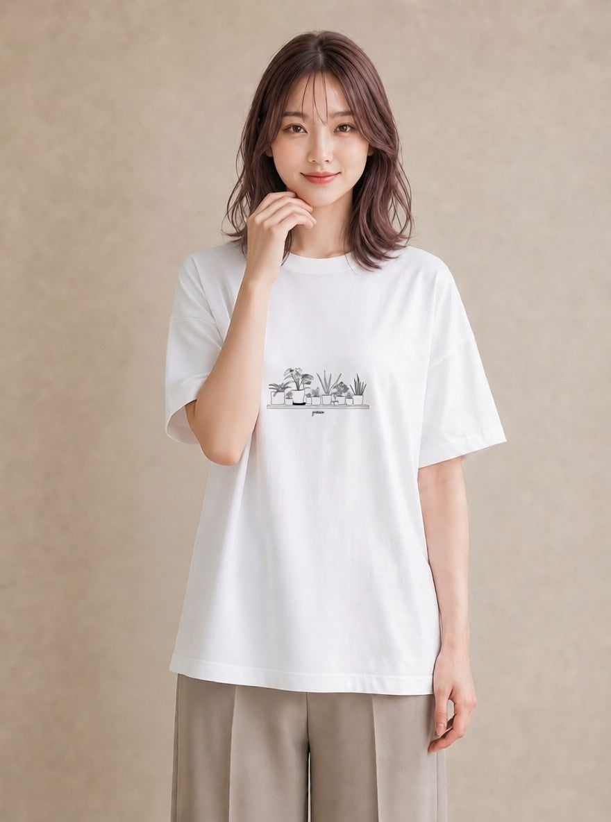 Tシャツ レディース 観葉植物 ボタニカル 植物 イラスト 上品 デイリーウェア 休日 白T YMAZO