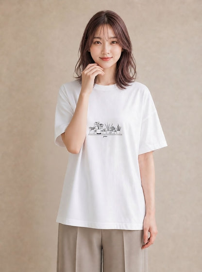 Tシャツ レディース 観葉植物 ボタニカル 植物 イラスト 上品 デイリーウェア 休日 白T YMAZO