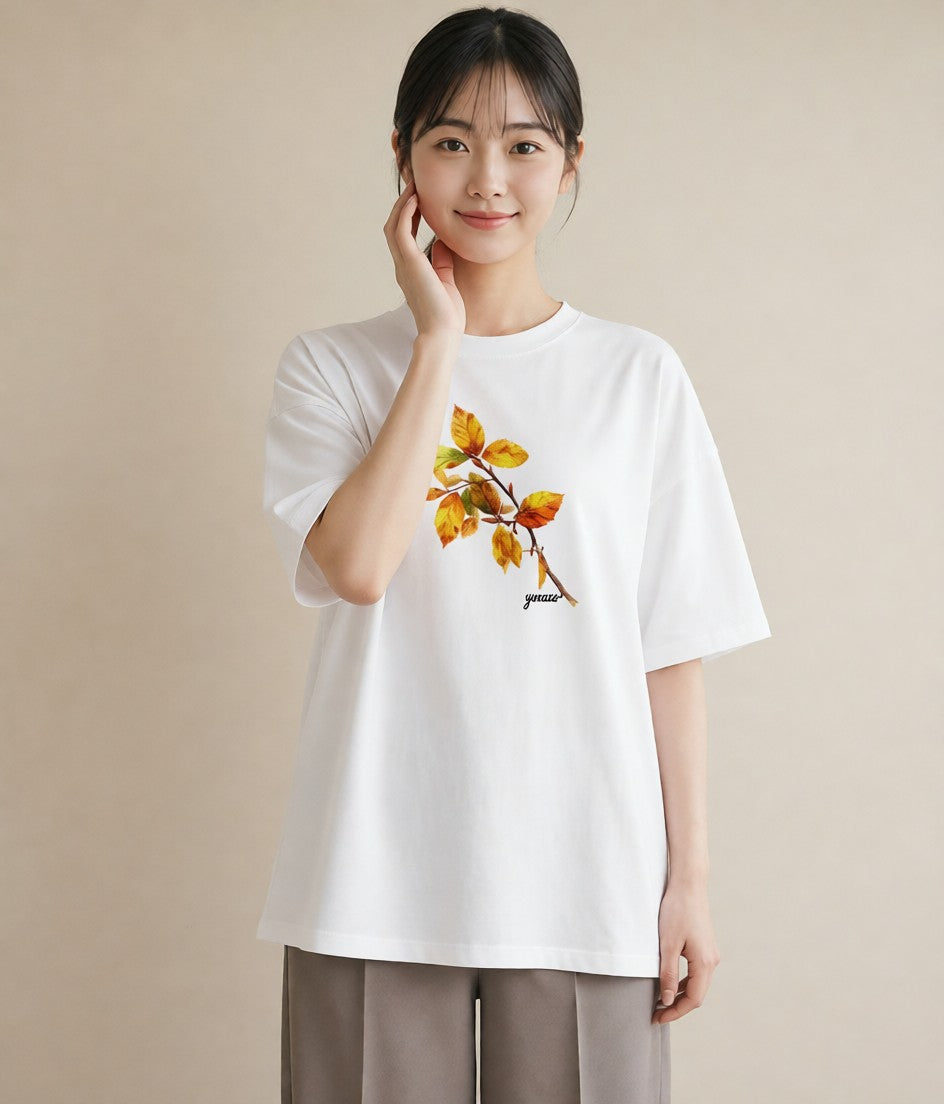 半袖Tシャツ レディース 落ち葉 植物 ボタニカル イラスト こなれ感 ラフ レイヤード 白T YMAZO