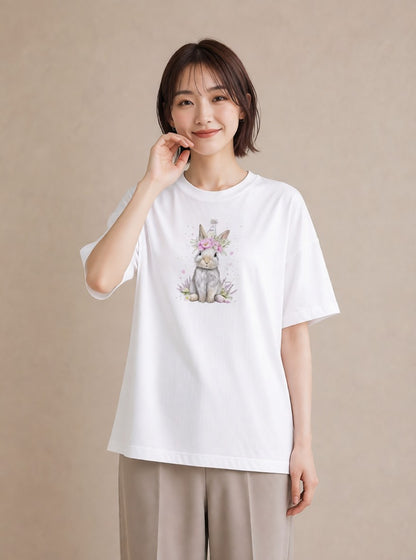 半袖Tシャツ レディース ライオンラビット ペット 動物 イラスト シック 自分用 ルームウェア 白T YMAZO