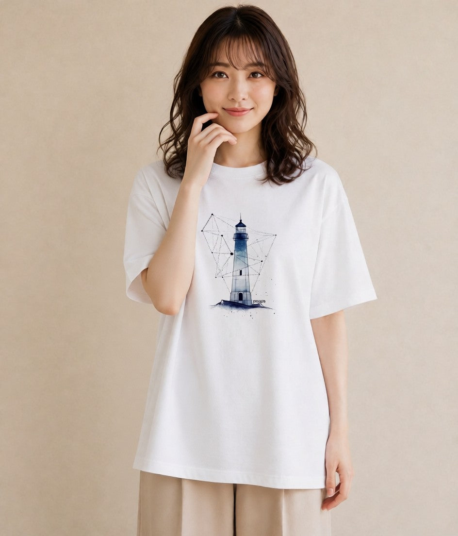 Tシャツ レディース 灯台 霧 海 ナチュラル アンティーク イラスト ラフカジュアル カフェ巡り 女子会 白T YMAZO