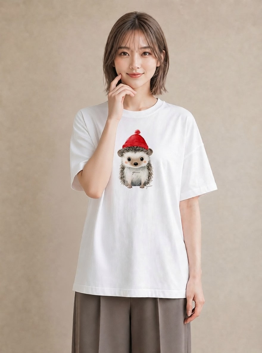 半袖Tシャツ レディース ハリネズミ ペット 動物 イラスト レトロ 公園 ママ 白T YMAZO
