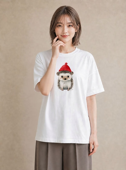 半袖Tシャツ レディース ハリネズミ ペット 動物 イラスト レトロ 公園 ママ 白T YMAZO