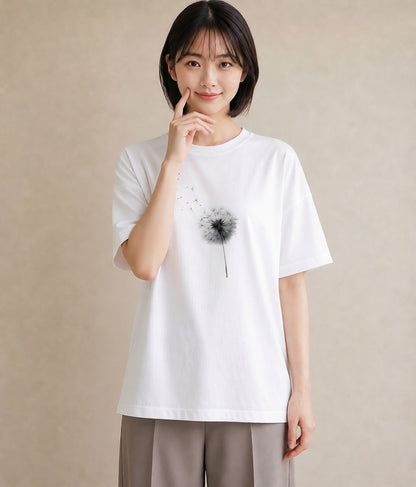 Tシャツ レディース たんぽぽ 花 花柄 イラスト ユニーク カフェ巡り 女子会 白T