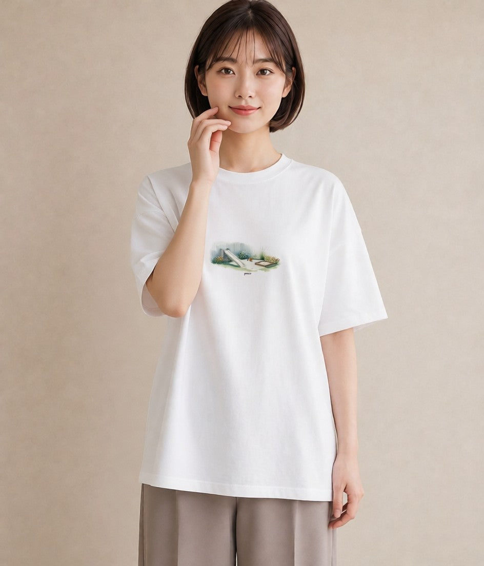 半袖Tシャツ レディース 小川 橋 せせらぎ ナチュラル アンティーク イラスト 週末コーデ 敬老の日 白T YMAZO
