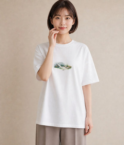 半袖Tシャツ レディース 小川 橋 せせらぎ ナチュラル アンティーク イラスト 週末コーデ 敬老の日 白T YMAZO