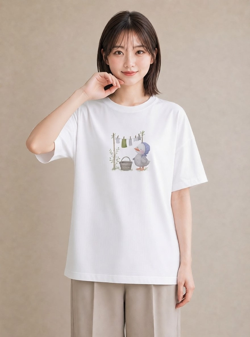 プリントTシャツ レディース 洗濯物 風 ナチュラル アンティーク イラスト 個性的 20代 カジュアルコーデ 白T YMAZO