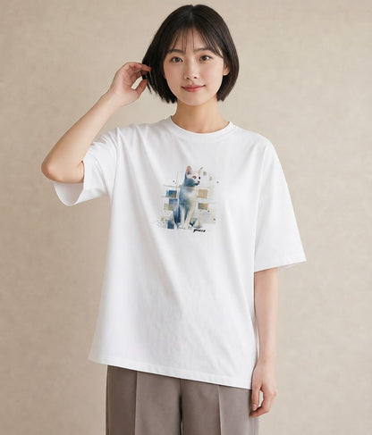Tシャツ レディース ロシアンブルー 猫 ねこ イラスト ラフカジュアル 女性 旅行用 白T YMAZO
