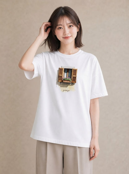 グラフィックTシャツ レディース 窓辺の雨 雨の日 窓 ナチュラル アンティーク イラスト 個性的 デイリーウェア 休日 白T YMAZO