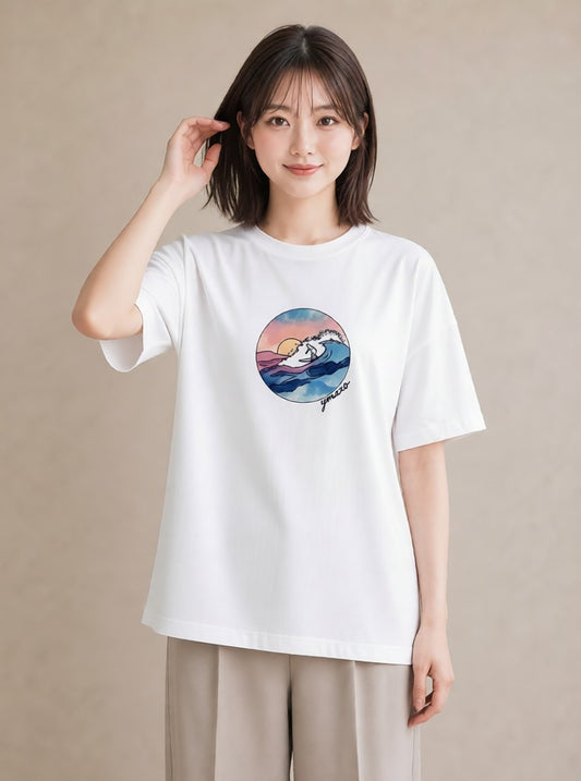 半袖Tシャツ レディース 波 星空 宇宙 イラスト 水彩風 おしゃれギフト 社会人 白T YMAZO