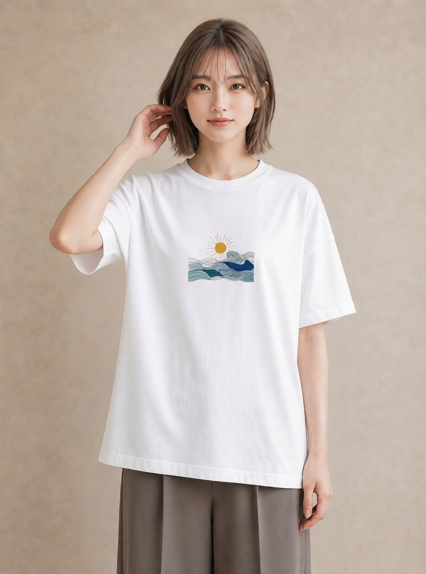 半袖Tシャツ レディース 海 リゾート 夏 イラスト 韓国風 レイヤード 友達ギフト 白T YMAZO