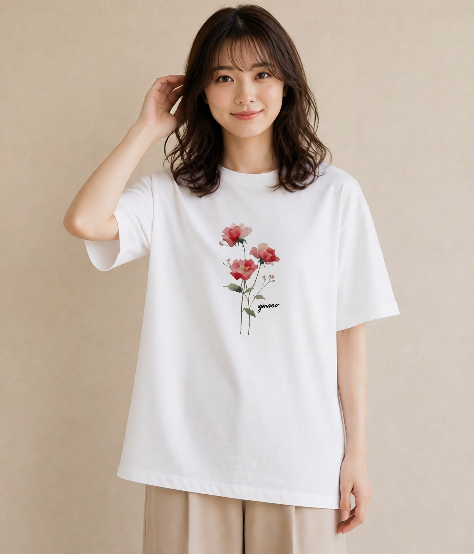 プリントTシャツ レディース バラ 薔薇 ローズ 花 花柄 イラスト ガーリー 女子会 お揃い 白T