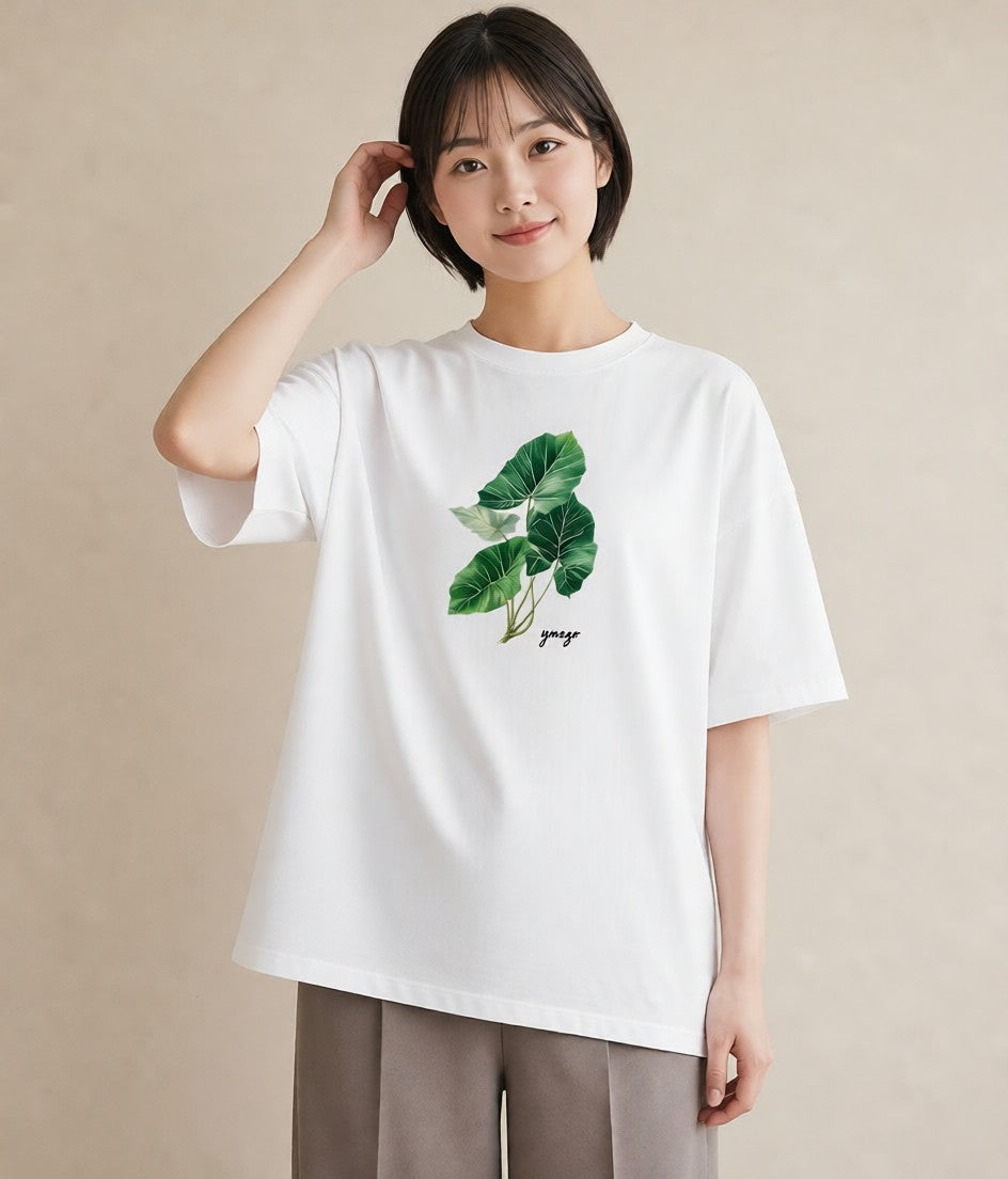 半袖Tシャツ レディース モンステラ 植物 ボタニカル イラスト ニュアンス 社会人 女性 白T YMAZO
