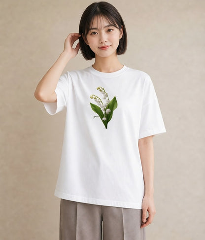 グラフィックTシャツ レディース すずらん 花 花柄 イラスト 旅行コーデ 20代 カジュアルコーデ 白T
