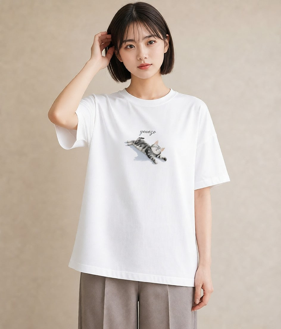 プリントTシャツ レディース ベンガル 猫 ねこ イラスト ゆるかわ 海 カフェ巡り 白T YMAZO