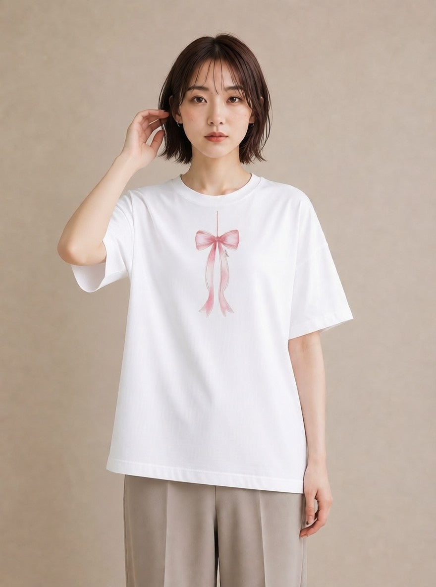 デザインTシャツ レディース リボン 蝶結び ナチュラル アンティーク イラスト ニュアンス ママ カフェ服 白T YMAZO