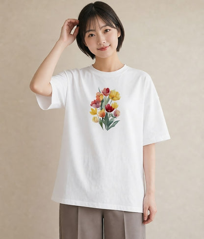 プリントTシャツ レディース チューリップ 花 花柄 イラスト 水彩風 お出かけ 普段着 白T YMAZO