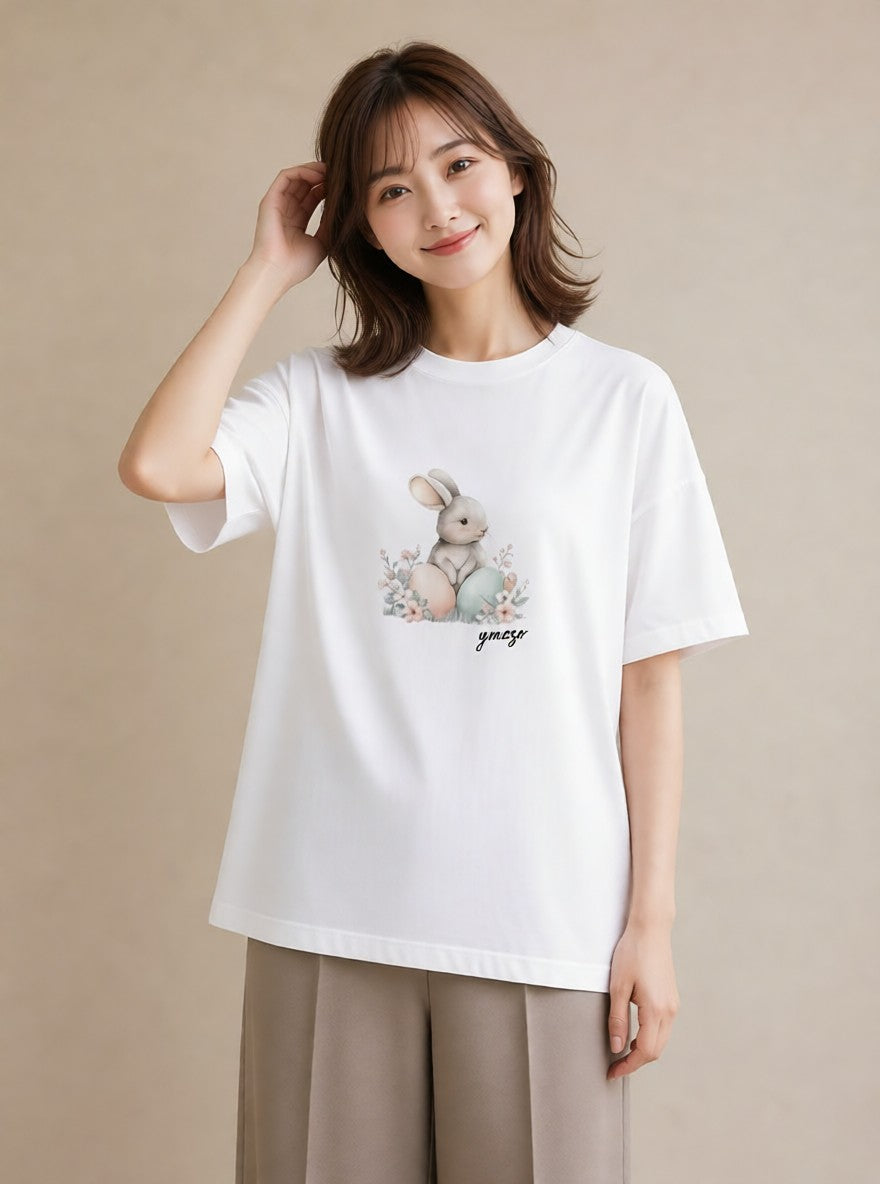 デザインTシャツ レディース ウサギ系野生 動物 アニマル イラスト シンプル お揃い 親子 白T YMAZO