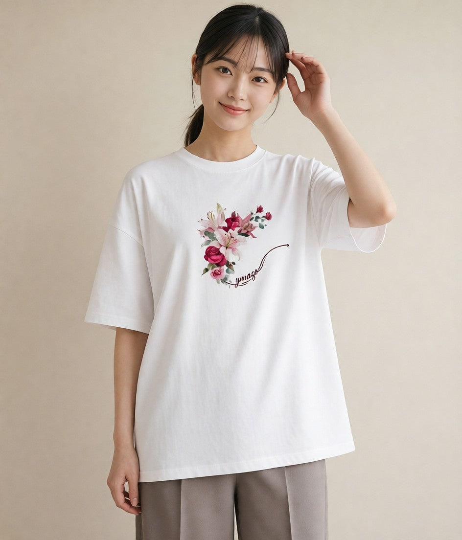 プリントTシャツ レディース ゆり 百合 花 花柄 イラスト レトロ 敬老の日 ホワイトデー 白T YMAZO