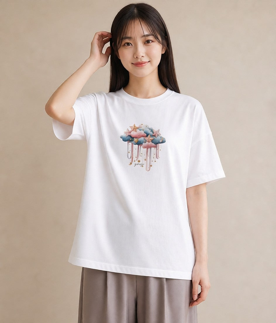 プリントTシャツ レディース 星空 宇宙 イラスト カフェ服 クリスマス 白T YMAZO