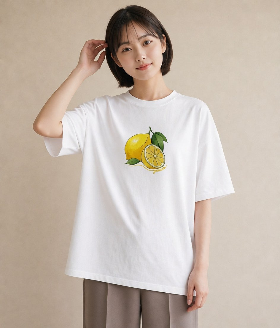 プリントTシャツ レディース レモン 檸檬 食べ物 フード イラスト 普段使い 通勤 在宅 白T YMAZO