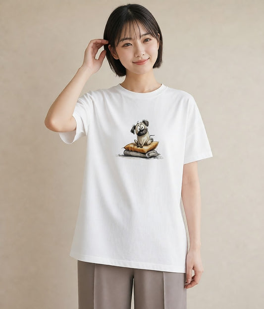 グラフィックTシャツ レディース パグ 犬 いぬ イラスト カフェコーデ カジュアルコーデ 買い物 白T YMAZO