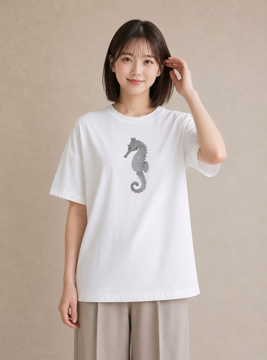 グラフィックTシャツ レディース タツノオトシゴ 海の生き物 海 イラスト ポップ ホワイトデー 春服 白T YMAZO