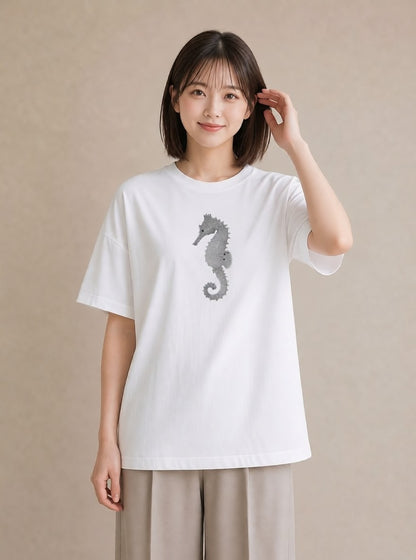 グラフィックTシャツ レディース タツノオトシゴ 海の生き物 海 イラスト ポップ ホワイトデー 春服 白T YMAZO