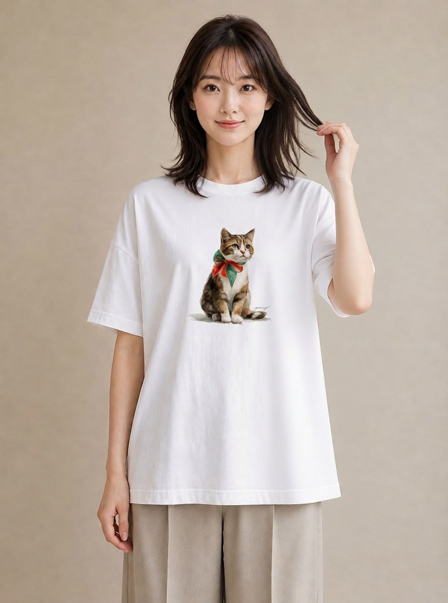 Tシャツ レディース ぶち猫 猫 ねこ イラスト モード お出かけ 普段着 白T YMAZO