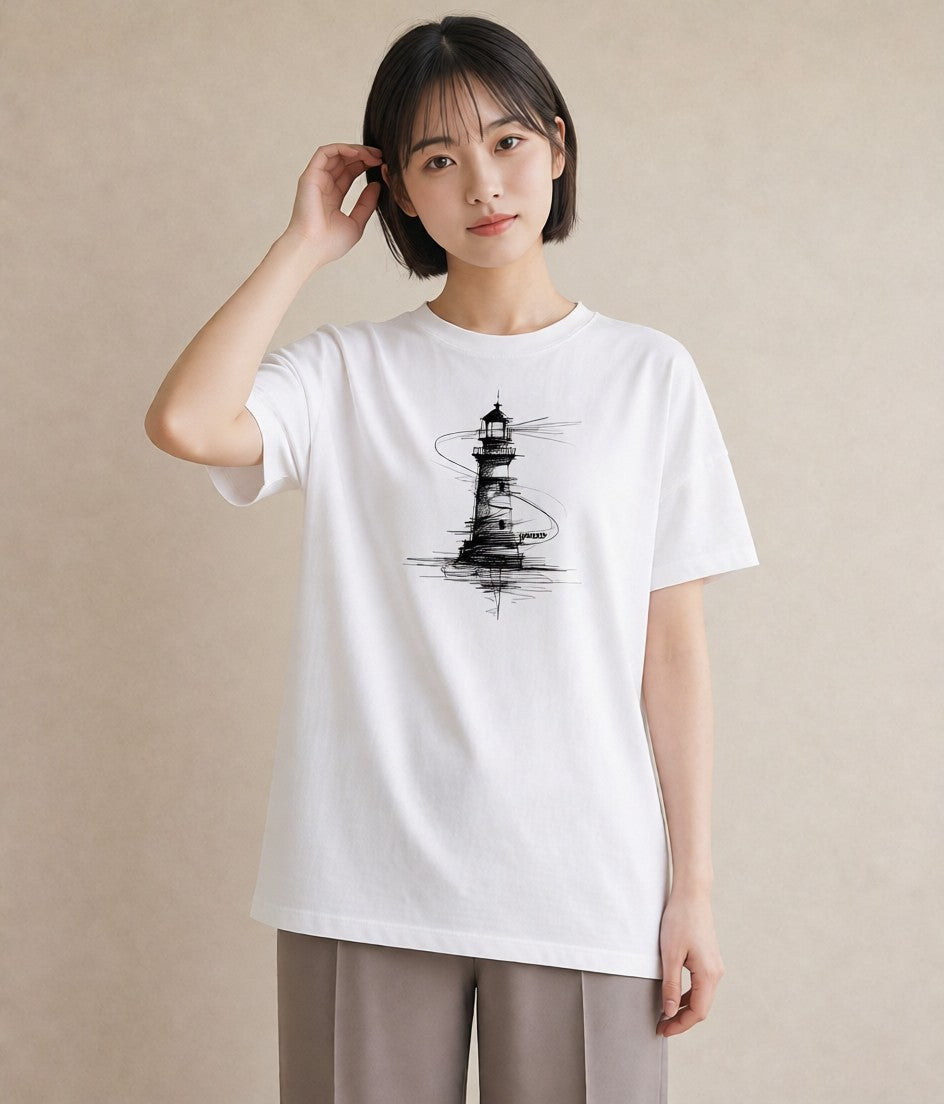 デザインTシャツ レディース 灯台 霧 海 ナチュラル アンティーク イラスト 上品 夏コーデ 通学 白T YMAZO