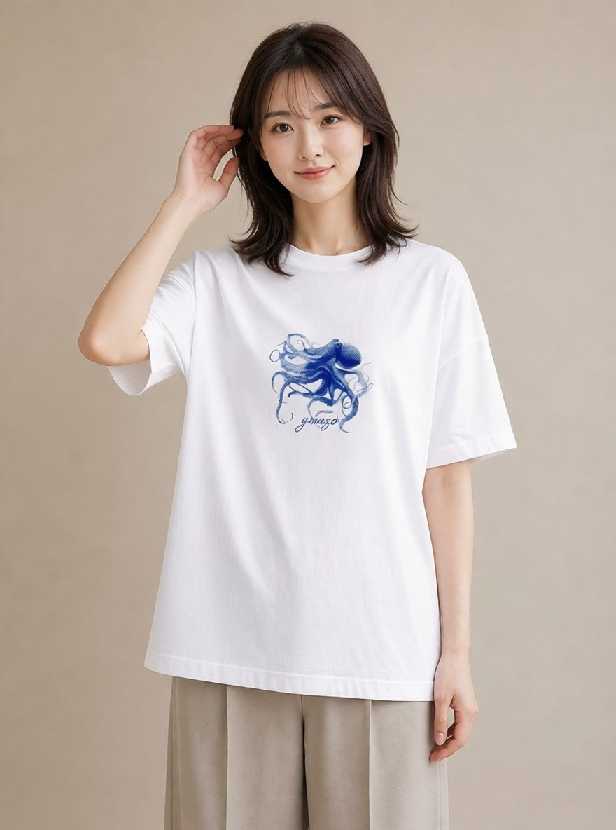 半袖Tシャツ レディース イカ 海の生き物 海 イラスト 休日コーデ カフェ巡り 白T YMAZO