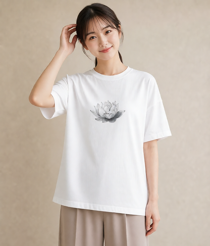 半袖Tシャツ レディース 蓮 花 花柄 イラスト おしゃれギフト 社会人 白T