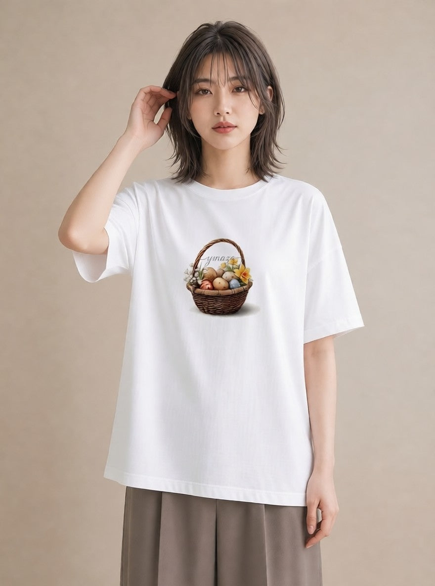 半袖Tシャツ レディース 自転車のかご 自転車 花かご ナチュラル アンティーク イラスト アート風 休日 ペアコーデ 白T YMAZO