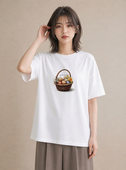 半袖Tシャツ レディース 自転車のかご 自転車 花かご ナチュラル アンティーク イラスト アート風 休日 ペアコーデ 白T YMAZO