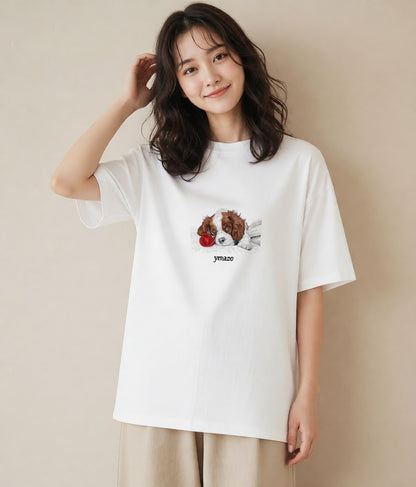 プリントTシャツ レディース キャバリア 犬 いぬ イラスト 手描き風 散歩 お出かけ 白T YMAZO