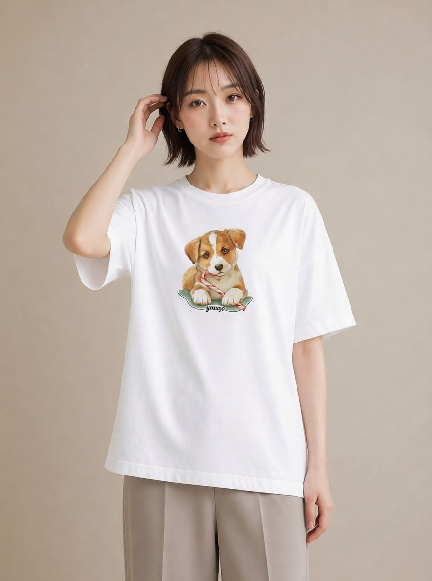 デザインTシャツ レディース いぬ 犬 ワンコ イラスト ガーリー カフェ服 クリスマス 白T YMAZO