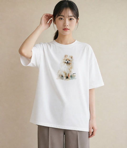 半袖Tシャツ レディース ポメラニアン ポメ 犬 いぬ イラスト きれいめ 通学 誕生日プレゼント 白T YMAZO