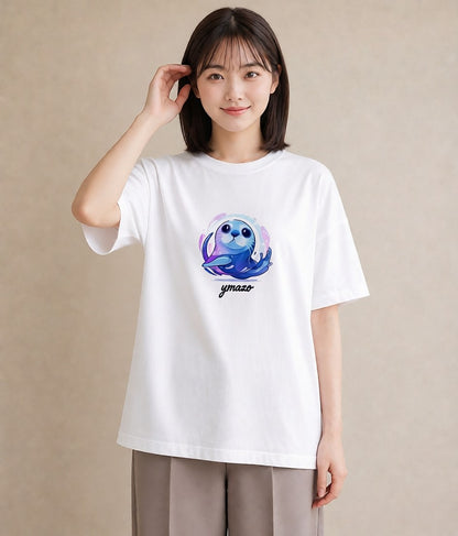 プリントTシャツ レディース ゴマフアザラシ 動物 アニマル イラスト ペアコーデ 秋コーデ 白T YMAZO