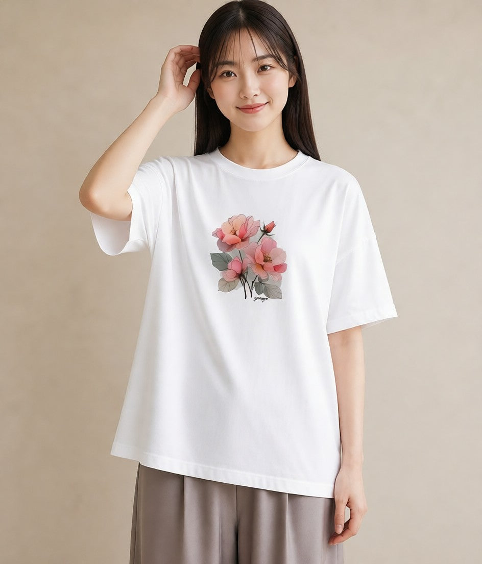 デザインTシャツ レディース 椿 花 花柄 イラスト ポップ 誕生日プレゼント 綿100 白T YMAZO