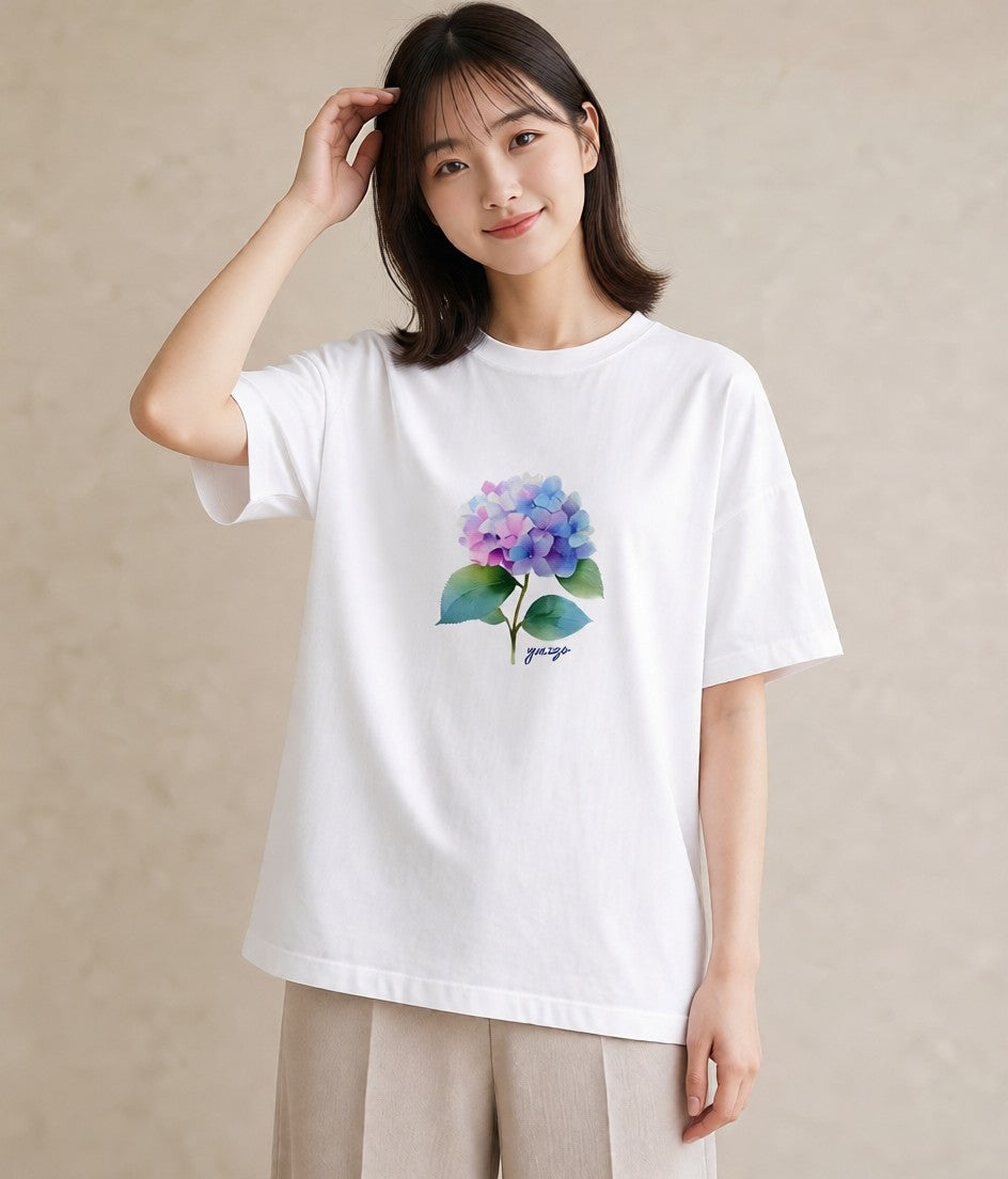 Tシャツ レディース あじさい 紫陽花 アジサイ 花 花柄 イラスト アート風 デイリーウェア 休日 白T YMAZO