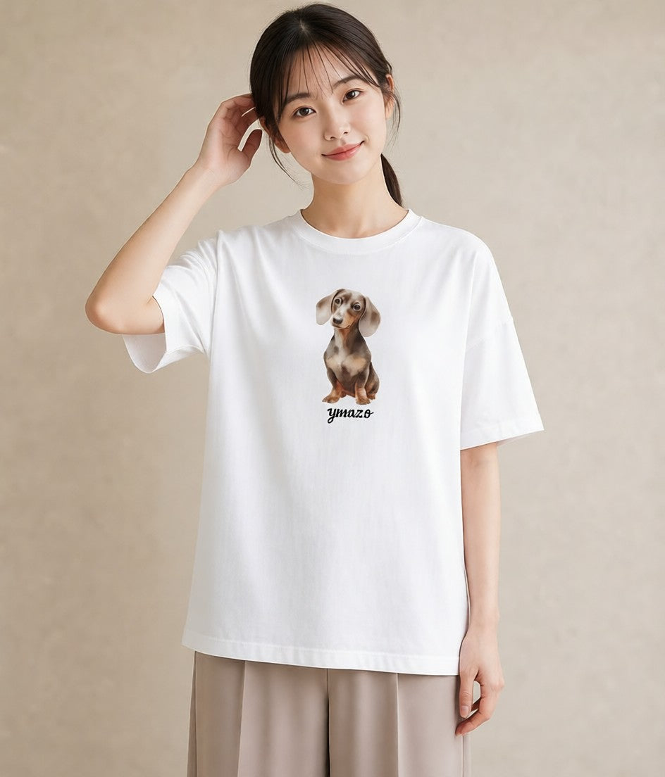 プリントTシャツ レディース ミニチュアダックスフンド 犬 いぬ イラスト ポップ 夏コーデ 通学 白T YMAZO
