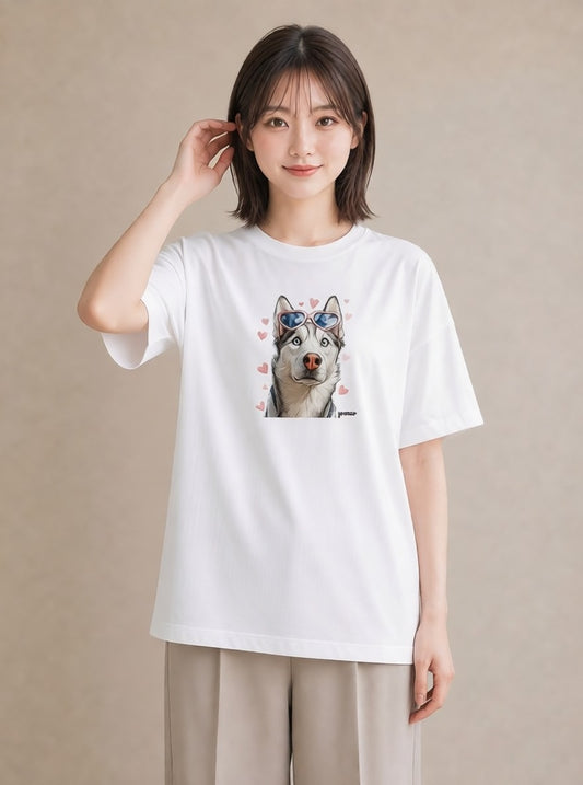 Tシャツ レディース シベリアンハスキー 犬 いぬ イラスト シック ビーチ デイリーウェア 白T YMAZO