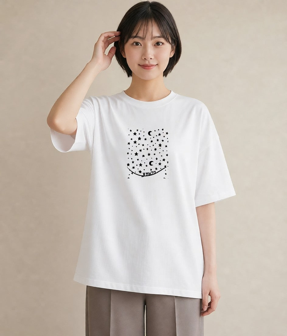 半袖Tシャツ レディース 月と星 星空 ムーン イラスト ミニマル 敬老の日 ホワイトデー 白T YMAZO