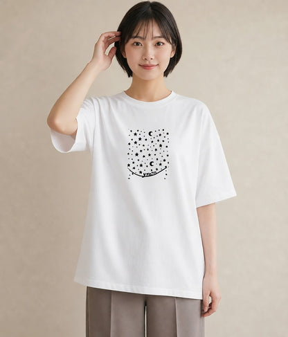 半袖Tシャツ レディース 月と星 星空 ムーン イラスト ミニマル 敬老の日 ホワイトデー 白T YMAZO
